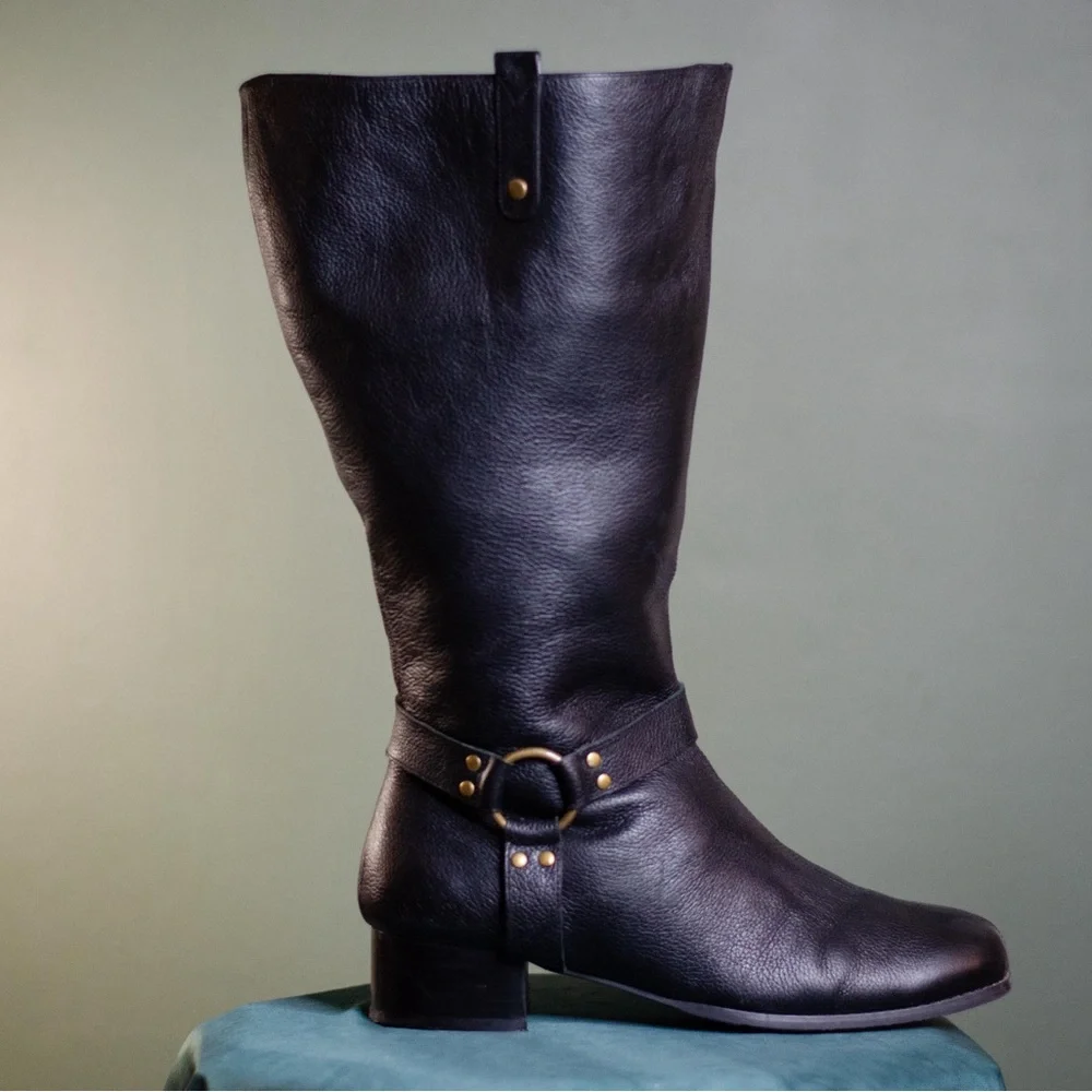 Black Leather Women's Wide Calf Moto Boots - Picture 1 of 9